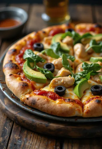California Pizza са свежим авокадом, пилећим белим месом и спанаћем