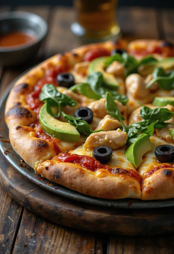 California Pizza са свежим авокадом, пилећим белим месом и спанаћем
