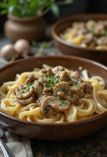 Јунећи строганов сервиран са пиринчаним резанцима