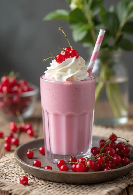 Милкшејк од рибизле сервиран у чаши, украшен свежом рибизлом