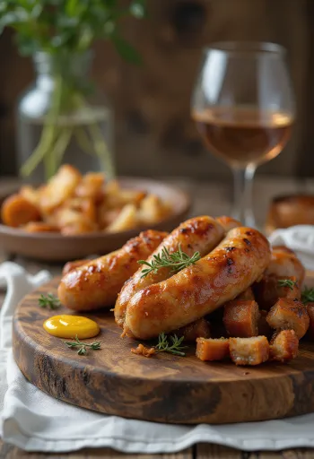 Печена кобасица сервирана са сенфом и хлебом