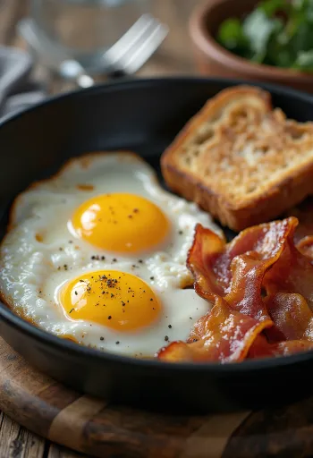 Пржена сланина и јаја сервирани у тигању