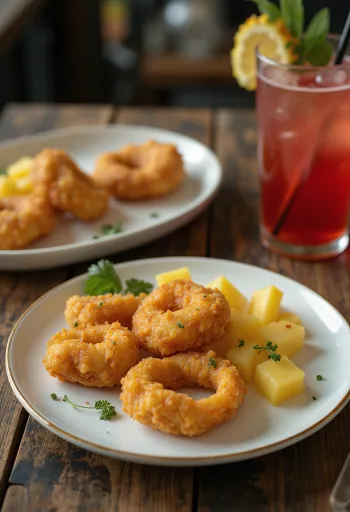 Акараже са ананасом сервиран, са зачињеним куглицама од пасуља и свежим ананасом