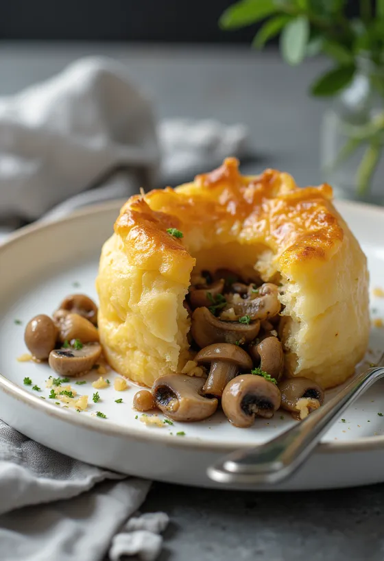 Јоркширски пудинг са пуњењем од печурака, украшен свежим першуном