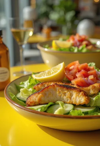 Свежа пилећа салата са хрскавим поврћем и грилованим пилећим белим месом, са преливом од балзамико сирћета.