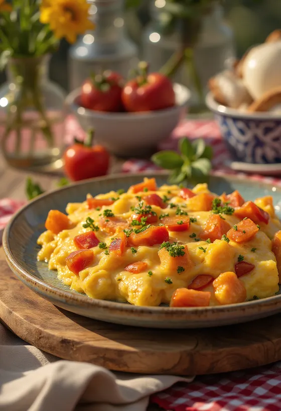 Велшки раребит са паприком послужен, у сосу од сира, на тост хлебу, са комадићима свеже паприке