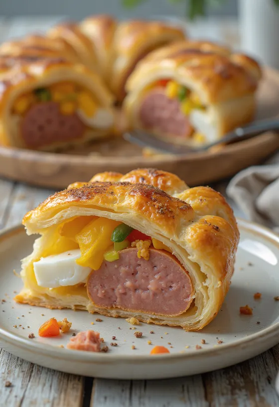 Pastel Tutup са кобасицом и јајима, у златносмеђем тесту, свеже сервиран