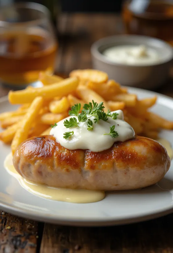 Аљеира кобасица сервирана са сосом од белог лука, украшена свежим першуном