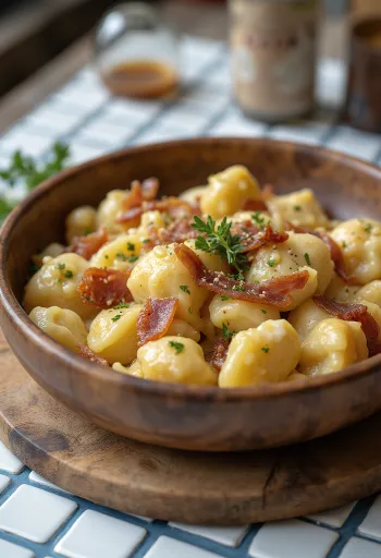 Страпачке са овчијим ситним сиром и хрскаво печеним коцкицама сланине