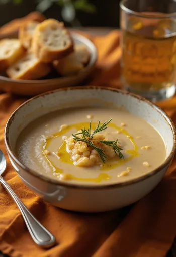 Ачорда супа са маслиновим уљем, белим луком и свежим першуном