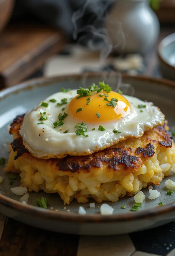 Bubble and squeak сервиран са јајима, са златно-смеђим хрскавим слојем и јајетом на око