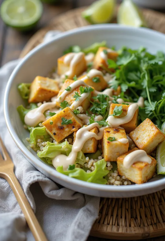 Лимета киноа Буда чинија са тахини тофуом сервирана