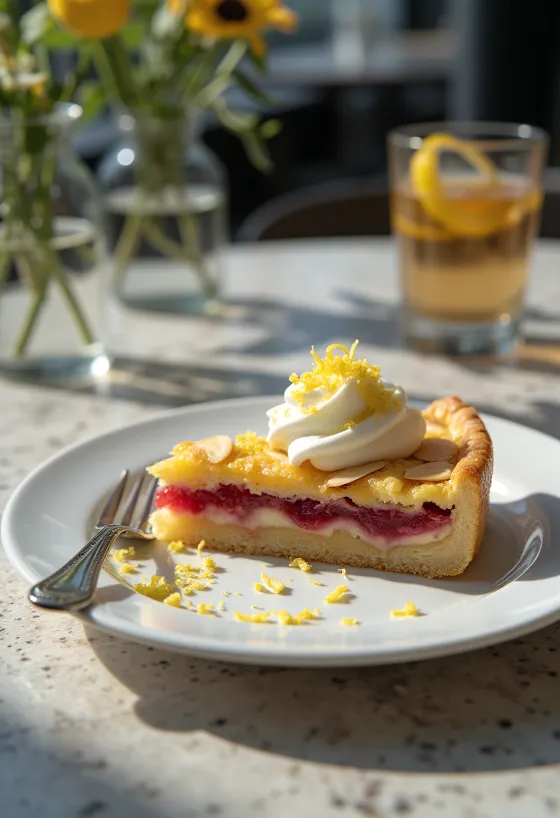 Bakewell тарт са лимуновим кремом, пуњењем од бадема и џемом