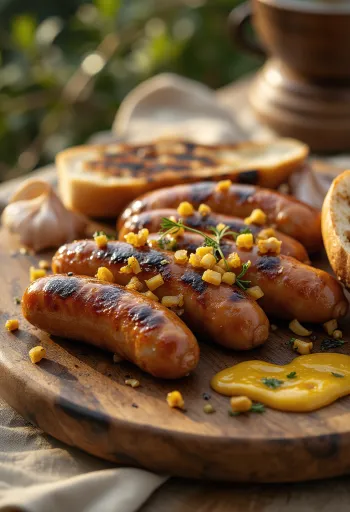 Грилована кобасица сервирана са поврћем и хлебом