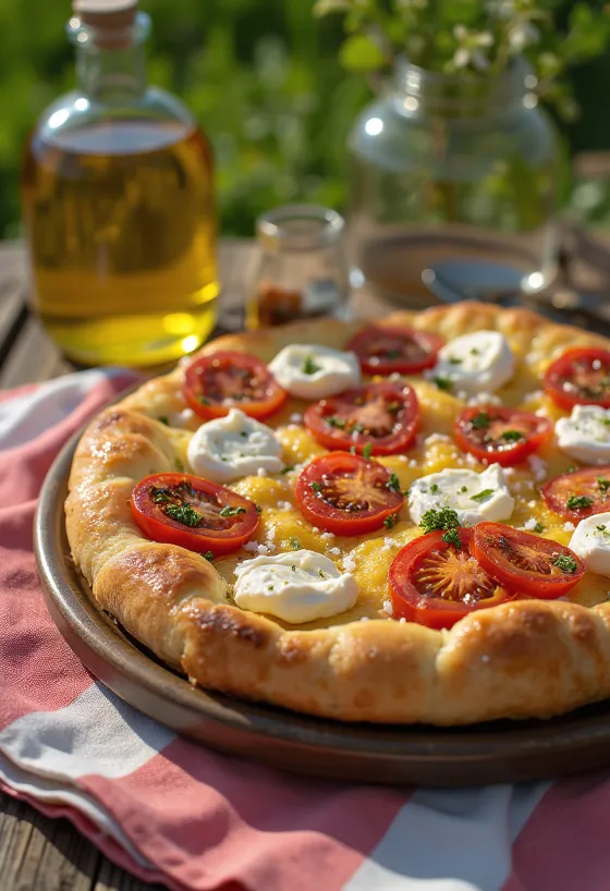 Фокача са грилованим парадајзом и рикотом сервирана